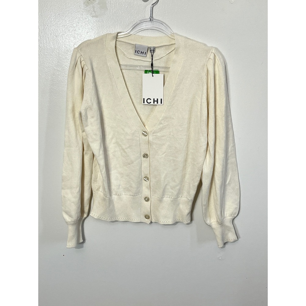 ICHI Ihsella Cardigan Womens Large Birch Cream Puff‎ Sleeve EcoVero V-Neck